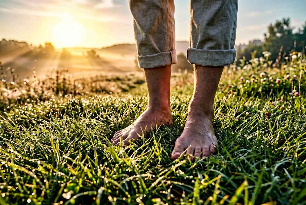 一雙赤腳踩在清晨濕潤的草地上，朝霧中的草葉清晰可見，光線從側方斜入，低角度構圖
