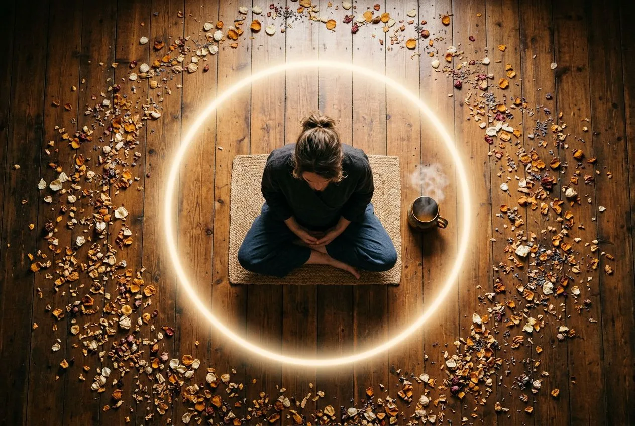 俯視鳥瞰一個人盤腿坐在木地板上，身體周圍環繞著一圈柔和的淡金色光暈像一個安靜的保護圓圈向外擴散，旁邊放著一個冒煙的陶瓷杯，光圈外散落幾片乾燥花瓣，溫暖的琥珀奶油色調搭配深木紋紋理，從上方灑下柔和晨光，呈現獨處、修復與選擇性距離的氛圍