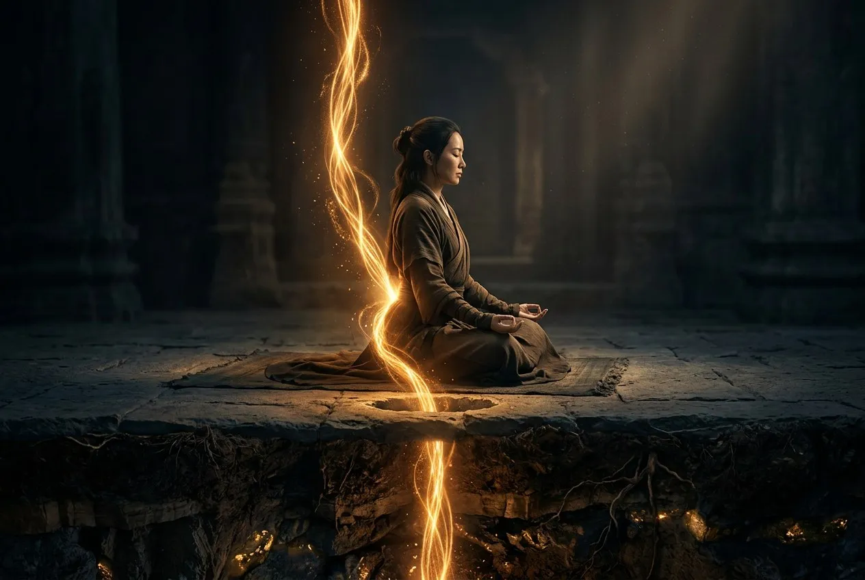 冥想者端坐室內，一道琥珀金色光柱從其脊椎底部向下穿透地板延伸入暗色土層