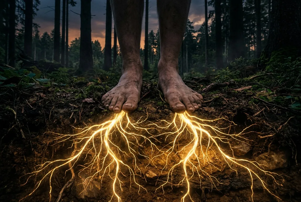 赤腳踩在深色泥土上，金色光根從腳底向下延伸入地，如樹根般分岔
