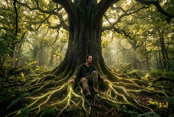 人靠坐在巨大古樹根部，雙手貼著樹根，金綠色光線從林冠穿透而下，樹根在土壤下隱約發光