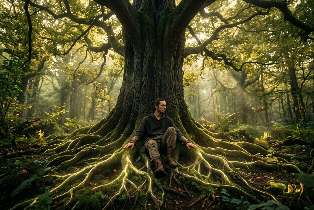 人靠坐在巨大古樹根部，雙手貼著樹根，金綠色光線從林冠穿透而下，樹根在土壤下隱約發光