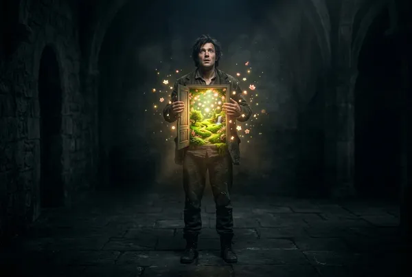 一個人站在星空下，胸口發出柔和翠綠色光芒，光從心臟向外擴散成蓮花狀，神聖而溫柔