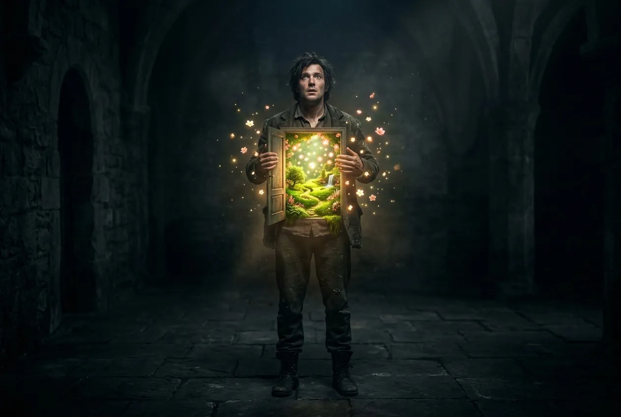 一個人站在星空下，胸口發出柔和翠綠色光芒，光從心臟向外擴散成蓮花狀，神聖而溫柔