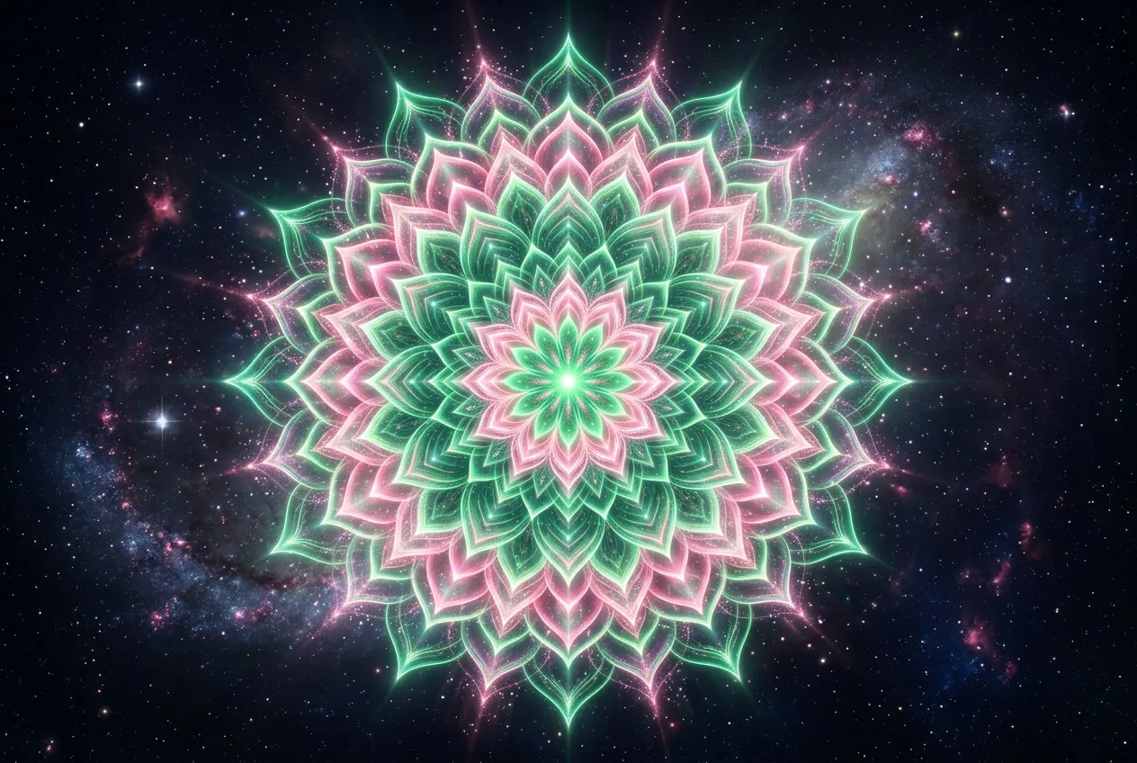 從空中俯瞰一片古老森林，樹冠排列成完美的心形，中央空地升起柔和翡翠與玫瑰色光芒，晨霧漂浮其間