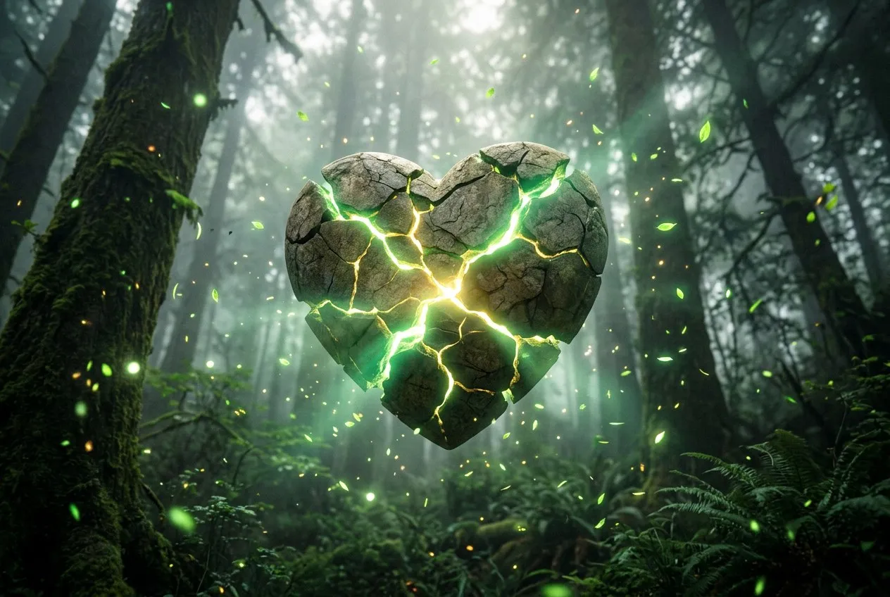 一個人坐在清晨的森林中，陽光穿透樹葉，雙手放在胸口，臉上有平靜的淚水，象徵心輪開始軟化的時刻