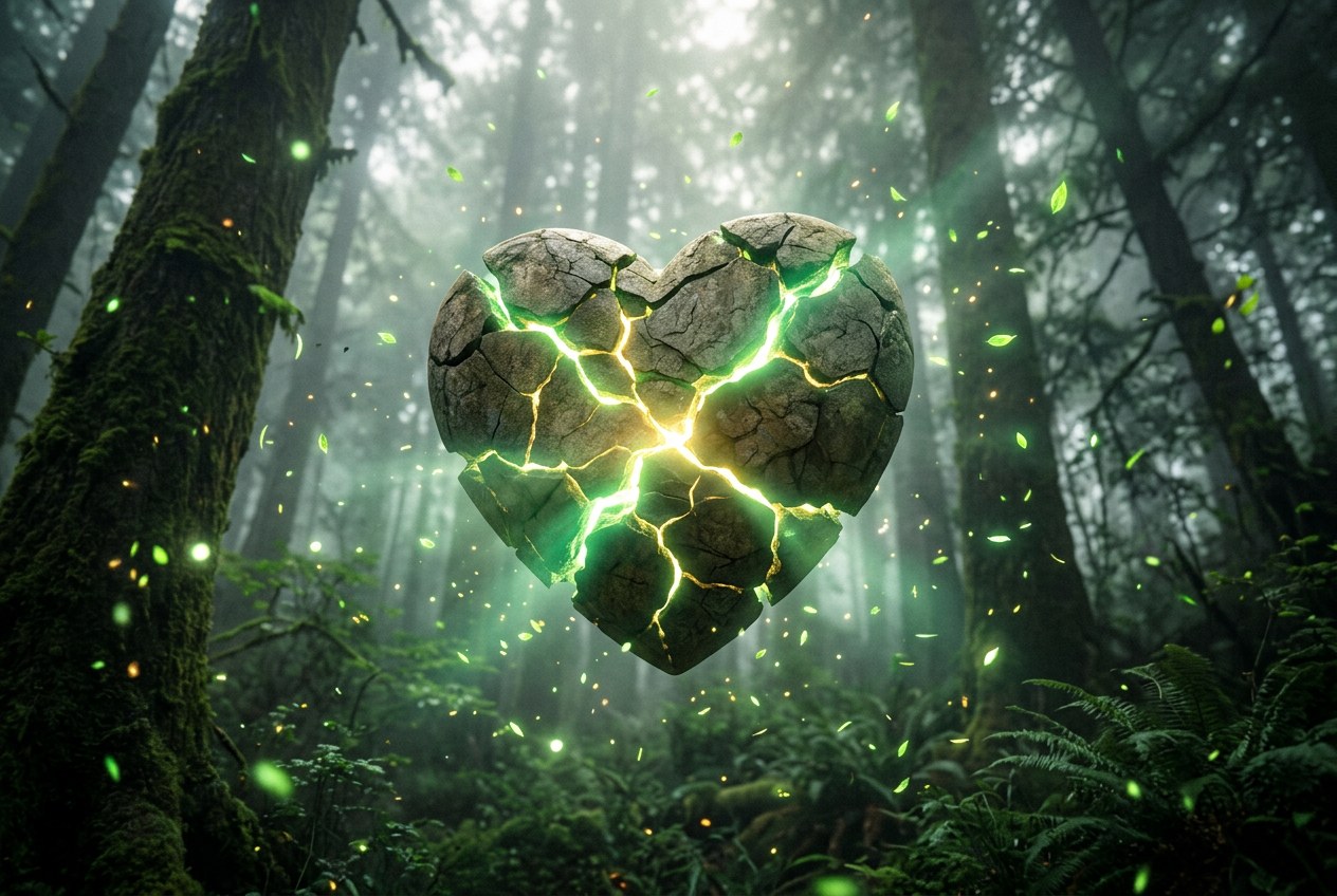 一個人坐在清晨的森林中，陽光穿透樹葉，雙手放在胸口，臉上有平靜的淚水，象徵心輪開始軟化的時刻