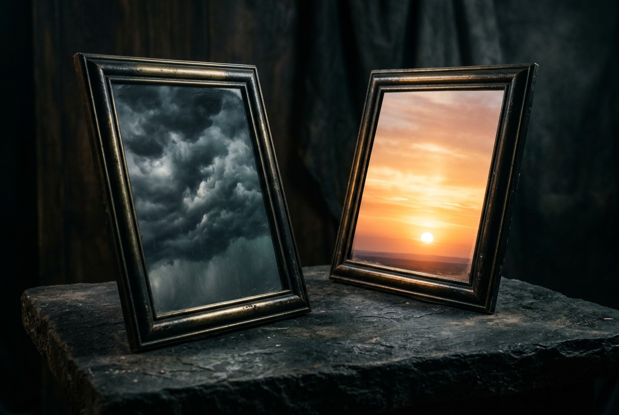 兩面鏡子斜對而立，左鏡映出暗雲翻湧的暴風天空，右鏡映出金色晨曦，對角線構圖切割畫面