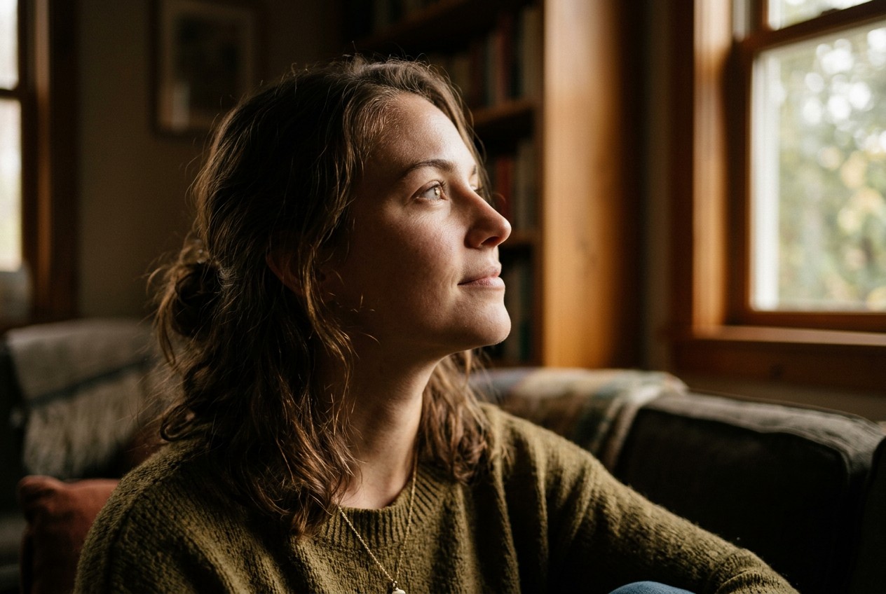 四分之三側臉人像，臉朝右前方，晨光從左側斜灑，明暗強烈對比，左半臉清晰右半臉漸入陰影