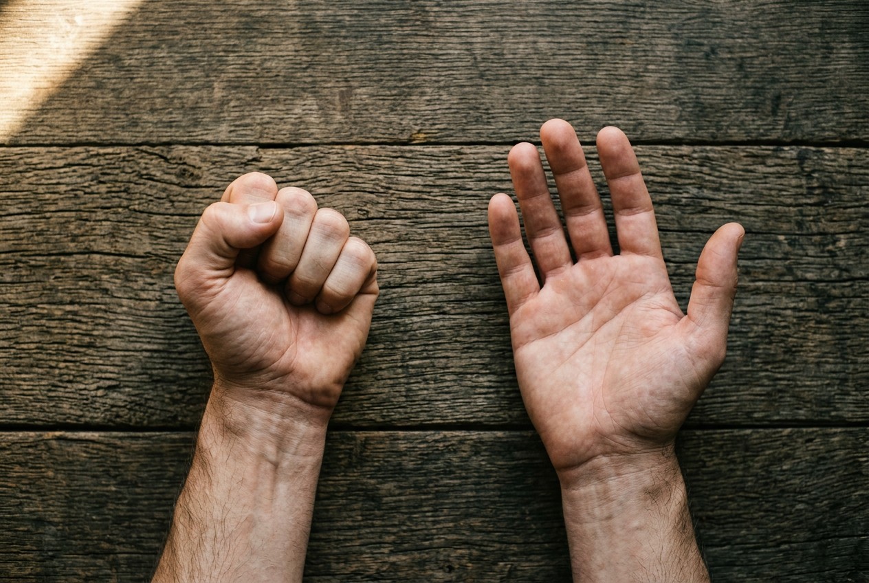 俯視視角，兩隻手並列於木桌上，左手緊握拳頭，右手放鬆掌心朝上，自然光從左上斜入