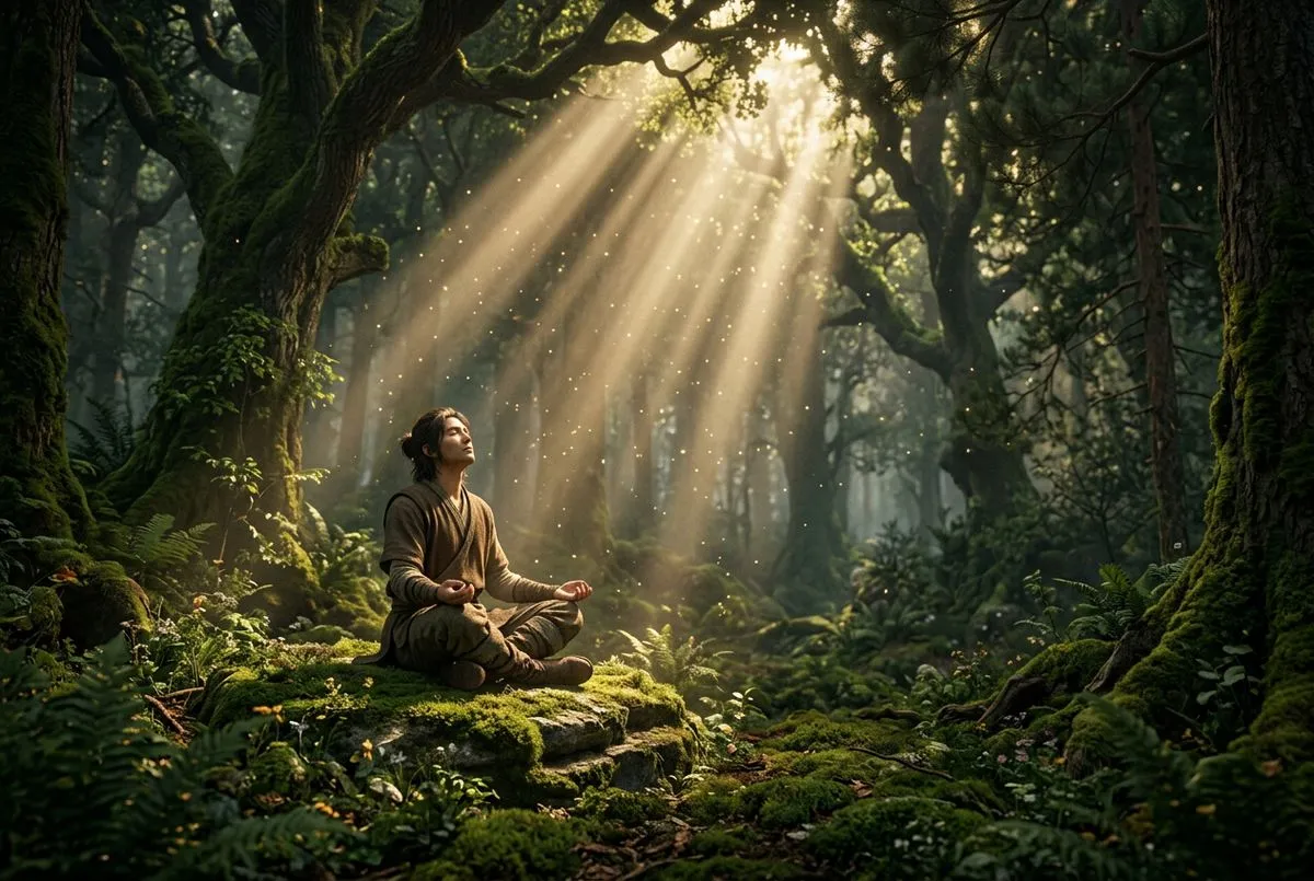 獨自靜坐在陽光斑駁森林地面的人物，金色光柱穿透樹冠，空氣中漂浮細碎光粒，氣氛寧靜而神聖