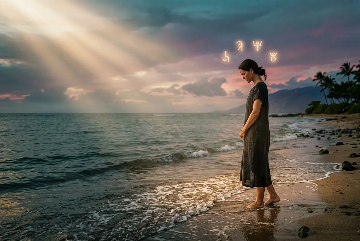 夏威夷海岸黃昏，一名赤足身影立於畫面右側面向遠方海平線低頭沉思，金色神性光從天空斜射而下，幾道淡淡發光的光形象徵性地浮現於人物頭頂，深青色海洋與紫色暮色天空相接，遠方火山輪廓隱約可見