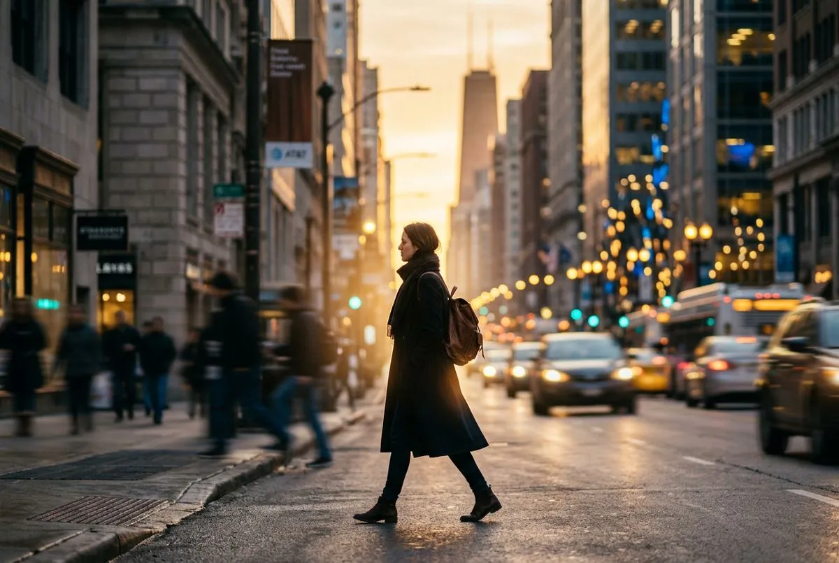 黃金時刻一個人走在繁忙都市街道上，周圍車流人潮帶著淡淡動態模糊，主角身上罩著一層柔和金色光暈面色平靜地往前走，遠處天際線剪影襯托低斜陽光在身上拉出長影與輪廓光