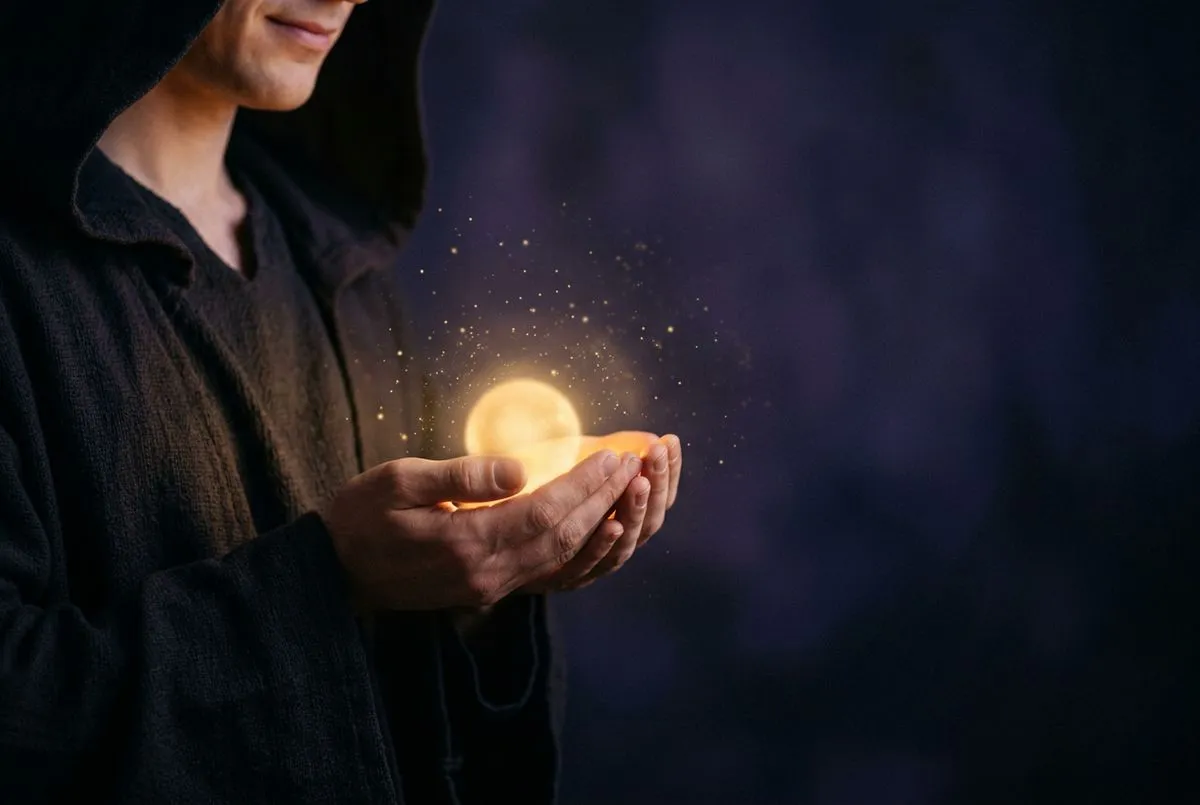 側面特寫一雙在胸前合攏的雙手，手心捧著一顆溫暖金色發光的小光球，柔和金光輕灑在胸口與下巴邊緣，背景為朦朧深靛紫色襯托內在凝視的氛圍，細小光粒在光球周圍緩緩漂浮