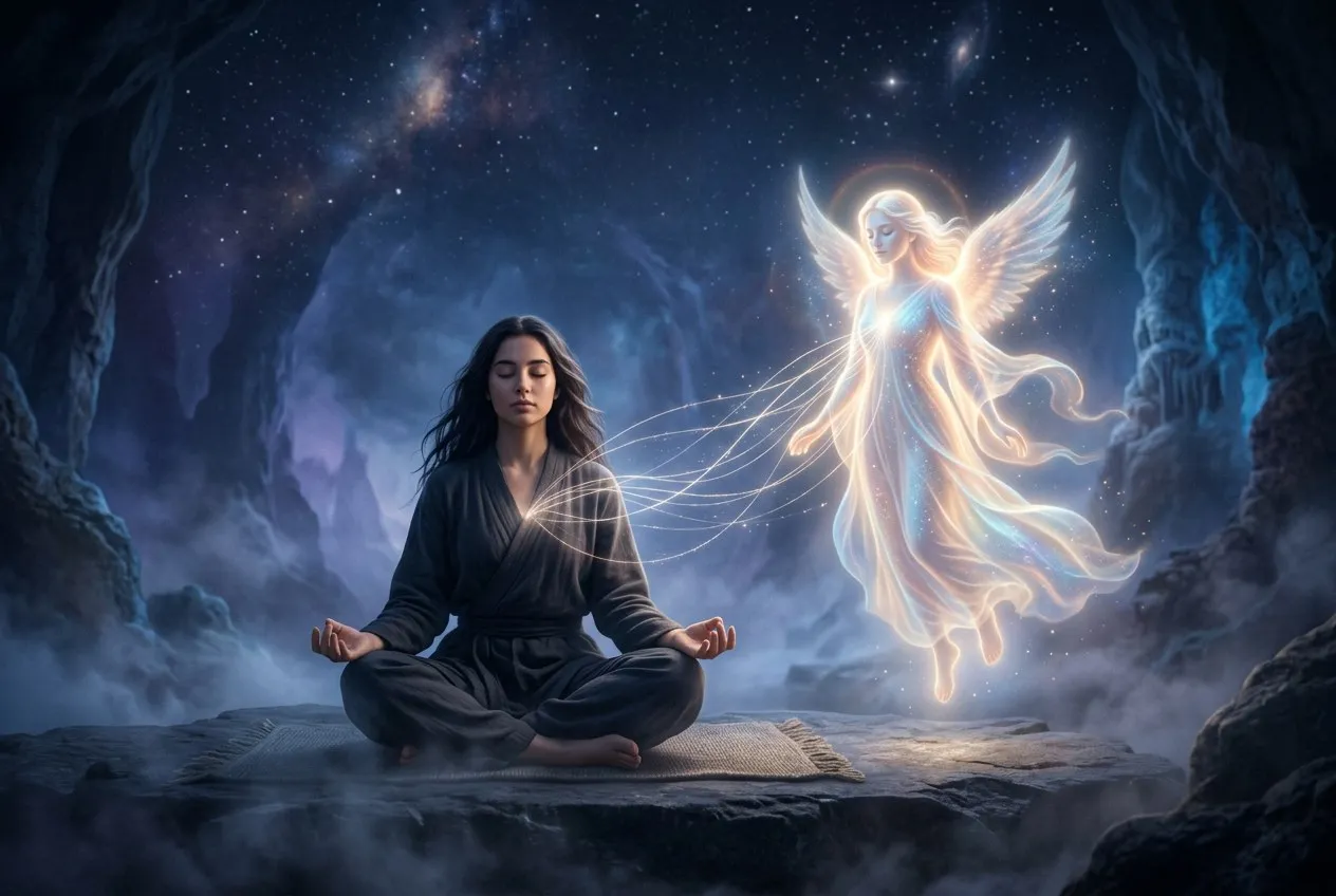 一個人閉眼靜坐冥想，身旁有半透明的柔和光形守護靈影像陪伴，兩者之間有細微的光絲相連，深藍紫色神秘氛圍