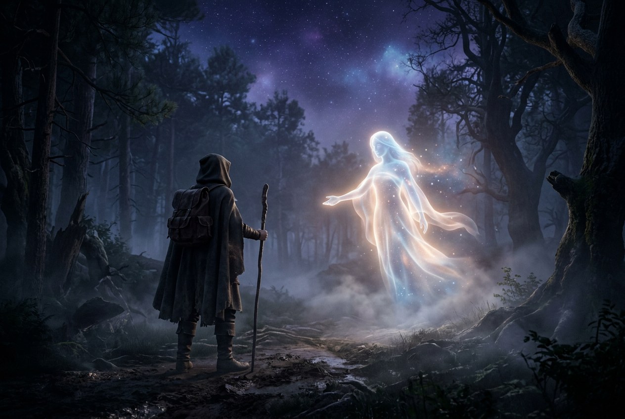 一個人站在黑暗森林邊緣，前方有發光的半透明人形守護靈引路，神秘靈性氛圍