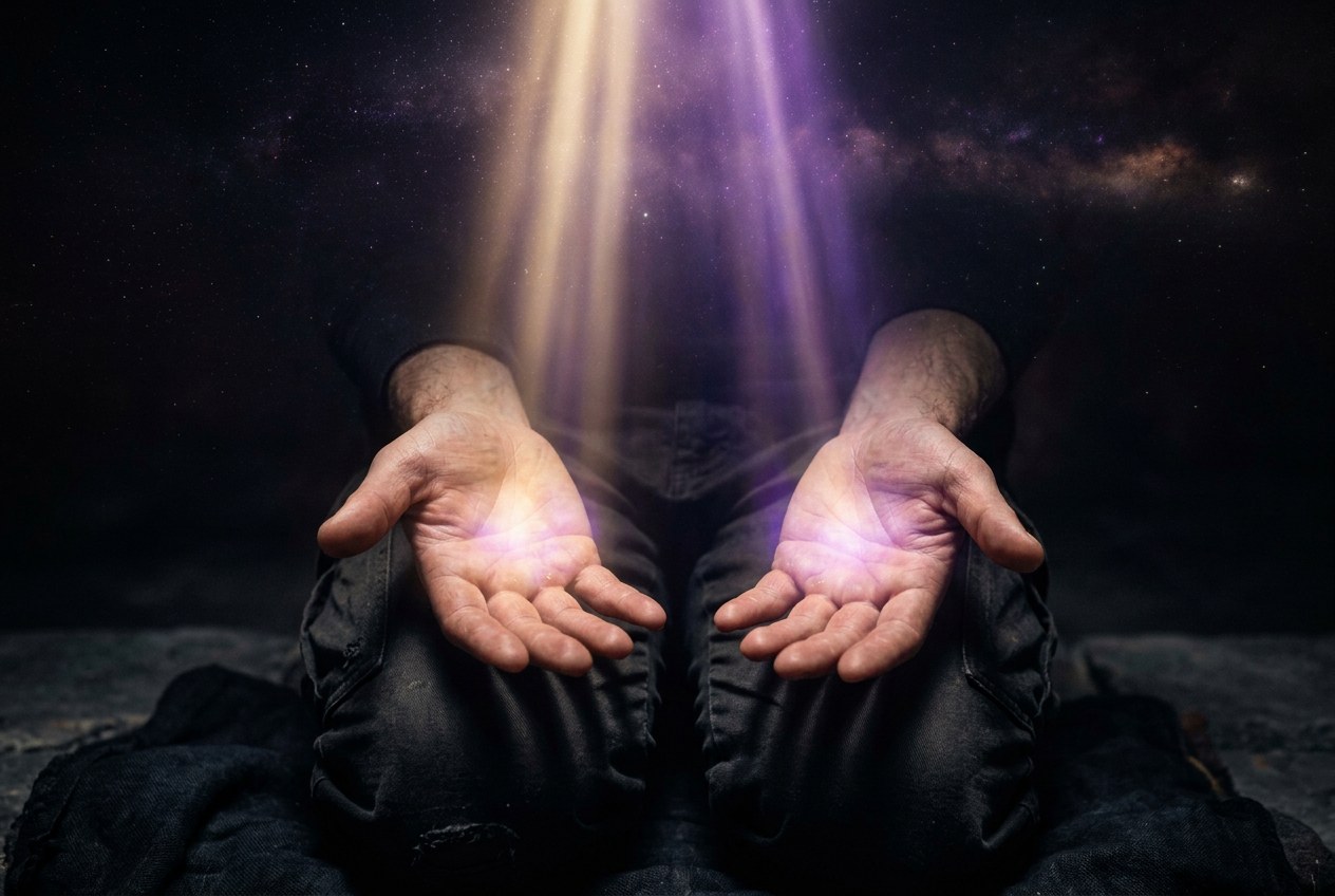 清晨薄光中一雙手攤開放在膝蓋上,掌心朝上,有細微的光塵落下,象徵開放接收守護靈引導,溫暖金紫色調