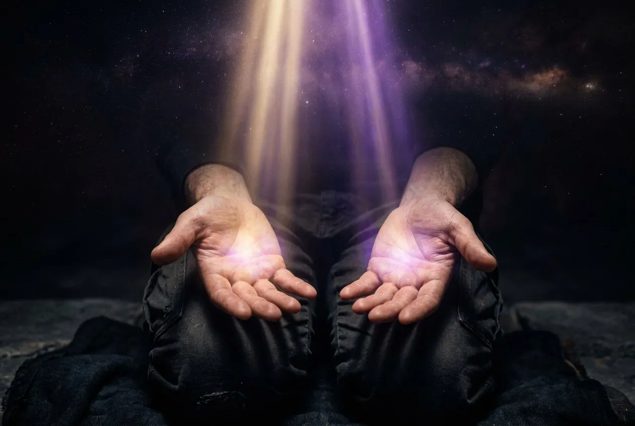清晨薄光中一雙手攤開放在膝蓋上，掌心朝上，有細微的光塵落下，象徵開放接收守護靈引導，溫暖金紫色調