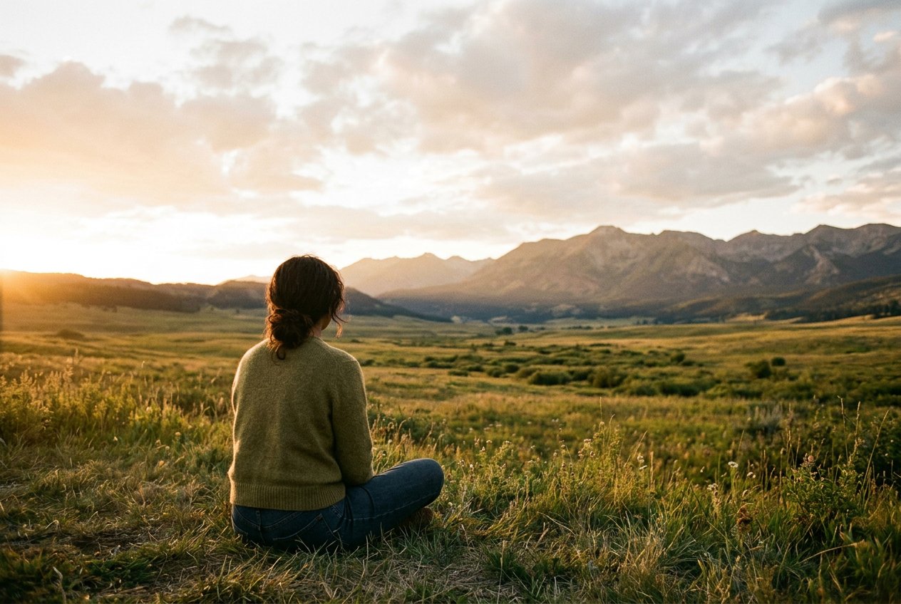 女性背影坐於空曠草地邊緣，身後是廣闊天空與遠山，傍晚金光從左側低角度灑落，人物佔畫面左下角三分之一