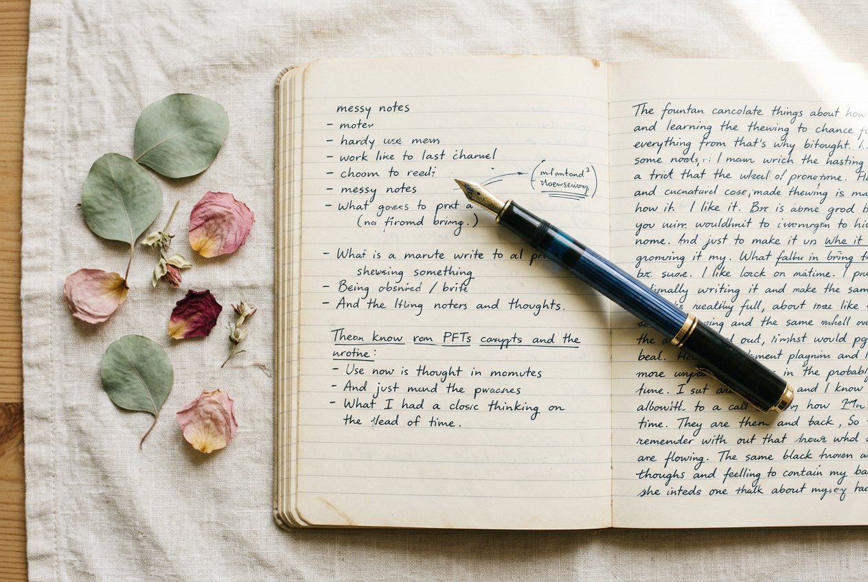 俯拍構圖，打開的筆記本佔右側三分之二，鋼筆斜放其上，左側散落幾片乾燥花瓣，柔和自然光從右上方照入