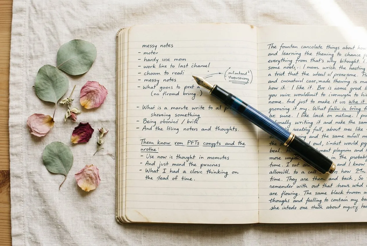 俯拍構圖，打開的筆記本佔右側三分之二，鋼筆斜放其上，左側散落幾片乾燥花瓣，柔和自然光從右上方照入