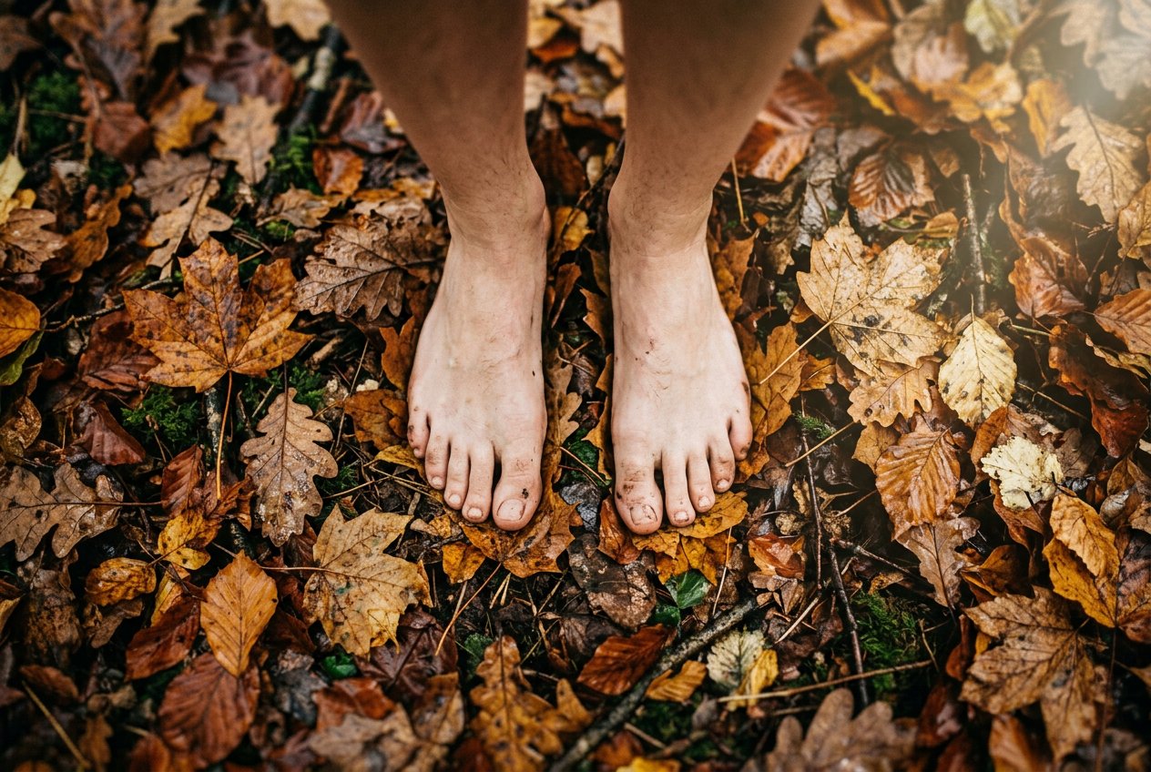 俯視角度，一雙赤腳踩在林間潮濕落葉地面，葉片佔滿畫面四分之三，右上角透出一束陽光