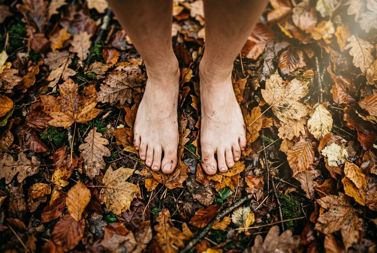 俯視角度，一雙赤腳踩在林間潮濕落葉地面，葉片佔滿畫面四分之三，右上角透出一束陽光