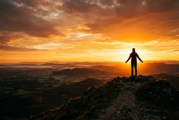 清晨逆光，一個人站在山丘頂端，雙臂自然微張，面對初升的橙金色太陽，人影佔畫面右側三分之一，左側大片光暈天空