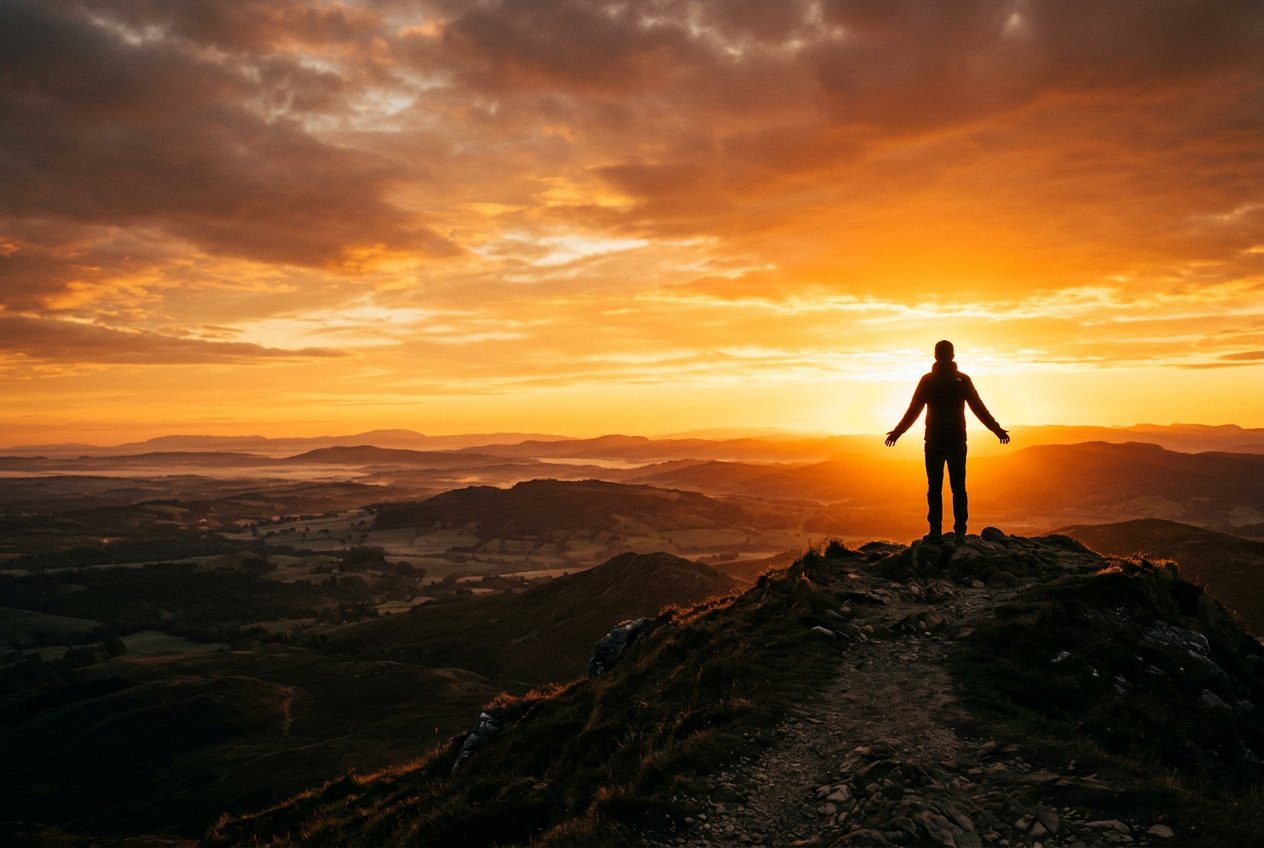 清晨逆光，一個人站在山丘頂端，雙臂自然微張，面對初升的橙金色太陽，人影佔畫面右側三分之一，左側大片光暈天空