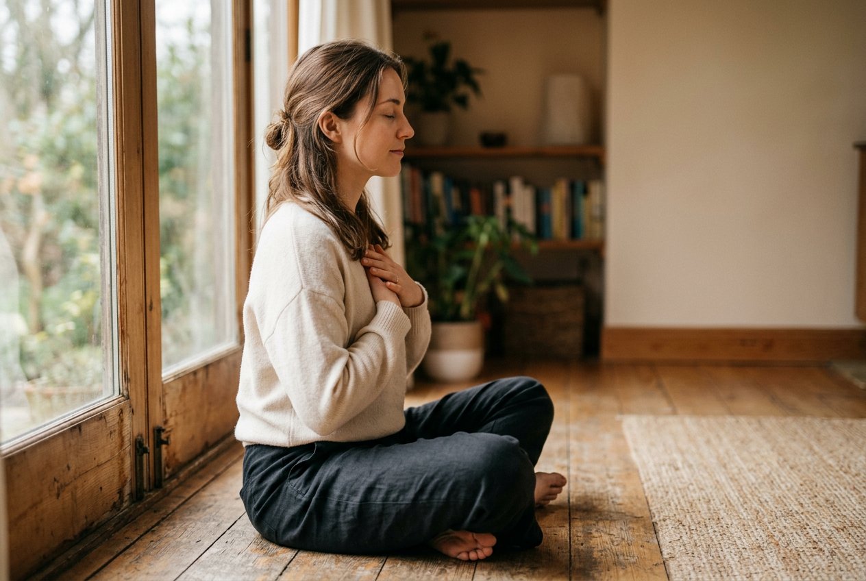 女性側坐於地板，雙手輕放胸口，眼睛閉合，窗外柔和自然光從左側灑入，身後是模糊的室內背景，人物佔畫面左三分之二