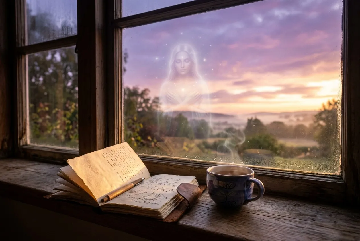 清晨窗邊日記本與茶杯，薰衣草金色晨光斜照紙頁，窗玻璃上隱約倒映出若有似無的光影人形