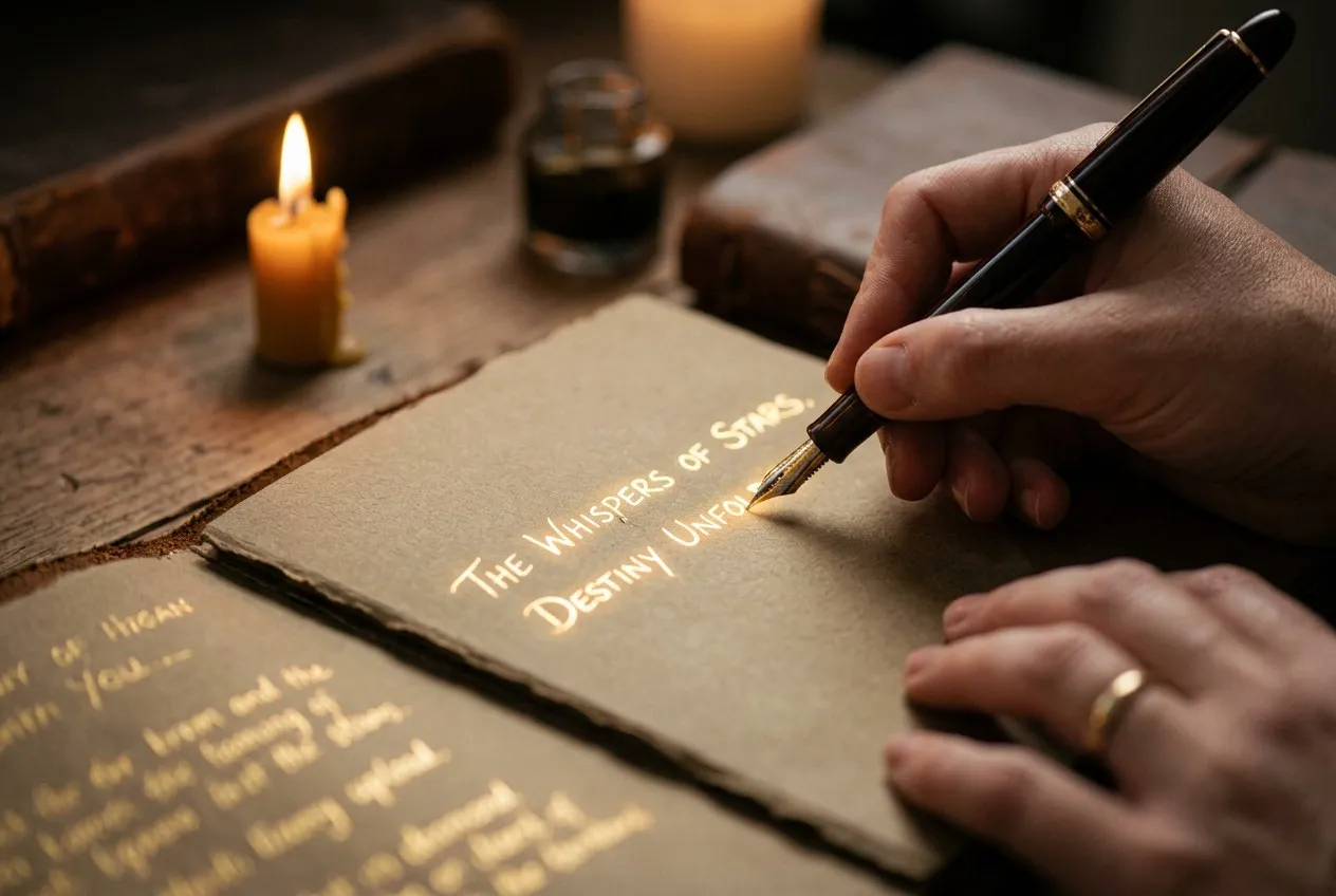 手在昏黃燭光下執筆書寫，手寫字化作金光輕微飄離紙面，筆身倒映燭火