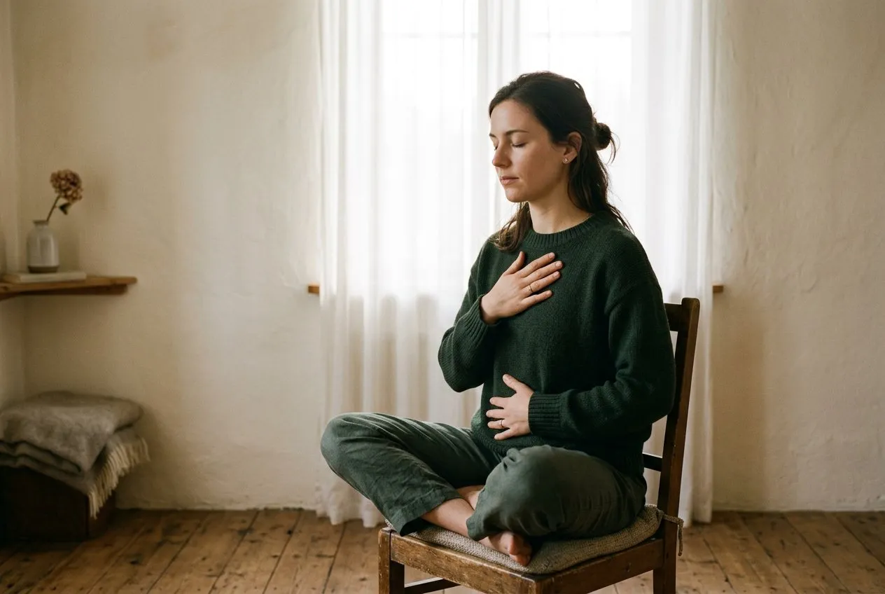 人物獨坐安靜房間,一手輕放胸口一手按腹部,眼睛閉合頭微低,窗後光線投出柔和輪廓光,人物居中略偏右,背景簡潔