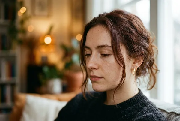 女性半閉眼近距離側臉肖像，表情內斂專注，柔和背景散景，臉部佔畫面右三分之二，左側輕微模糊，側向自然光