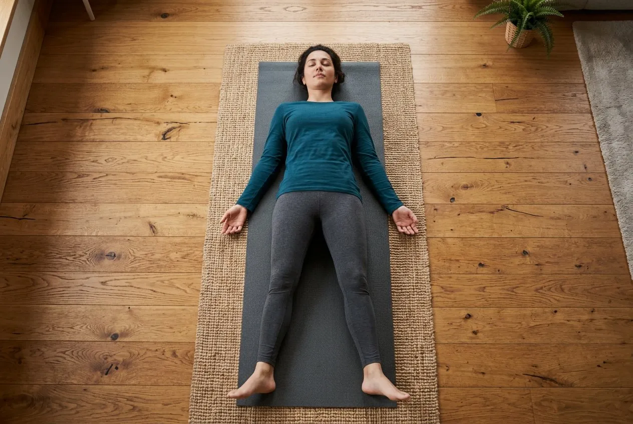 正上方俯拍躺在瑜伽墊上做身體掃描的人,雙臂微離身體掌心朝上,雙腳自然向外,墊子周圍可見溫暖木地板,人物填滿畫面中央