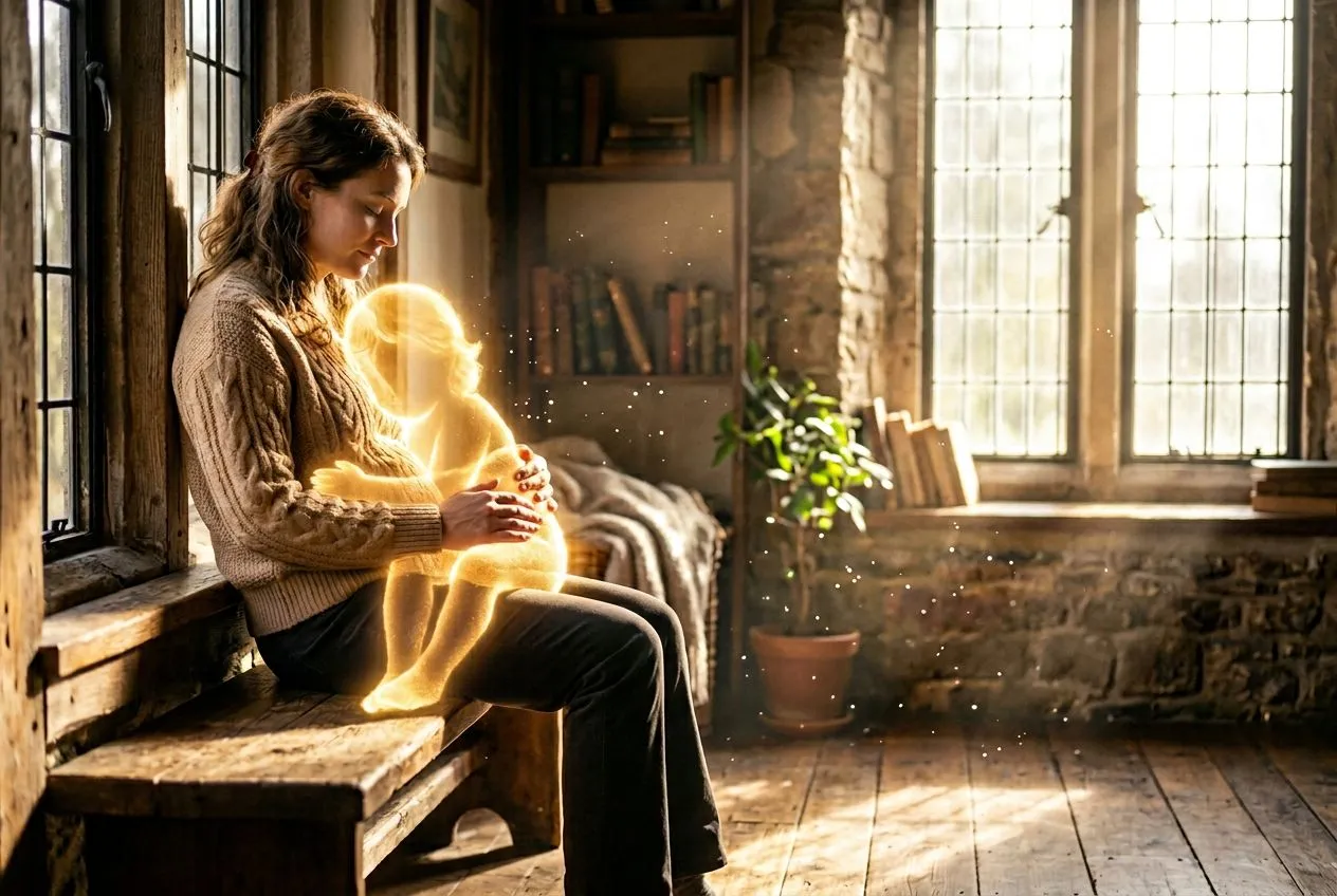 一位成年人側坐於灑落溫暖陽光的窗邊長椅，閉眼低頭微笑，膝上彷彿有一道金色光影勾勒出小孩輪廓依偎著，整體色調溫暖柔和，成人位於畫面左側，右側大片窗光留白