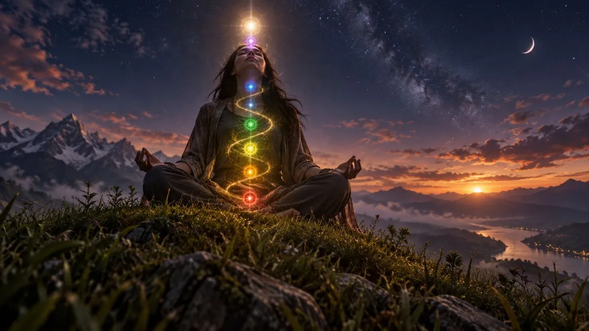 低角度仰望一個人盤腿坐在黃昏的山丘上仰起頭,金色光帶沿著脊椎螺旋上升,串起七個彩色脈輪光點,頭頂上方亮起一團光,身後是銀河、新月與遠山夕照