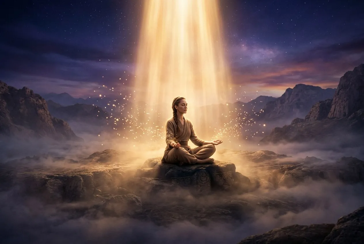一個人靜坐於光柱中,周圍有金色光粒子從掌心向外擴散,天空呈深紫藍色