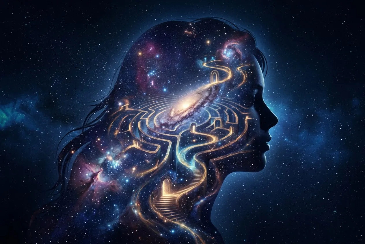 一個女性側臉輪廓,內部顯現出星河與光的迷宮,象徵潛意識深處的結構