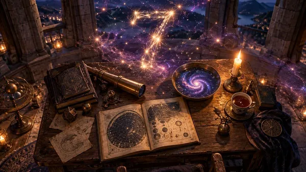 俯視鳥瞰，石砌觀星塔裡的一張舊木桌，桌上攤著星圖與古書，擺著黃銅望遠鏡、燭台、一杯紅茶和一只盛水的銅碗，碗裡倒映著紫色螺旋星系，桌子上方的金色星點連成一個發光的數字 7，拱窗外是深靛紫的夜空與山谷