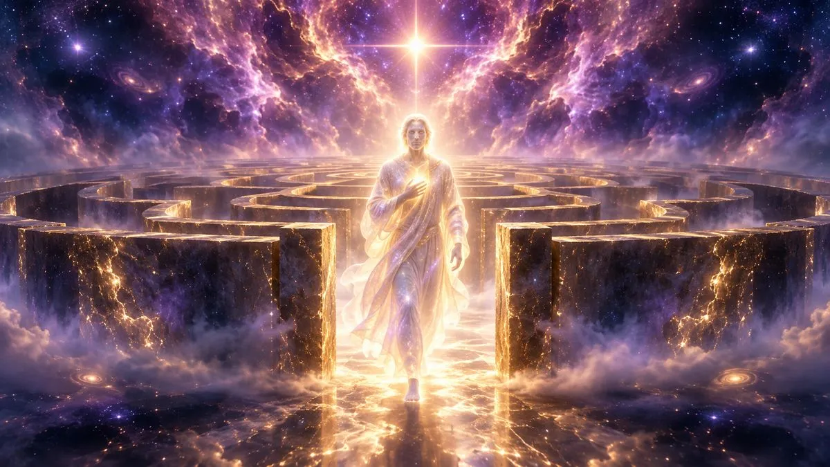 正面置中對稱，一座發光的石砌迷宮漂浮在深靛紫的宇宙中，一位由星光構成、身穿流動光袍的男子站在迷宮出口正中央，一手放在胸口，胸前亮著一點金光，正朝畫面走出來，身後的迷宮牆漸漸隱入薄霧，上方是對稱的紫色星雲，中心有一顆明亮的星