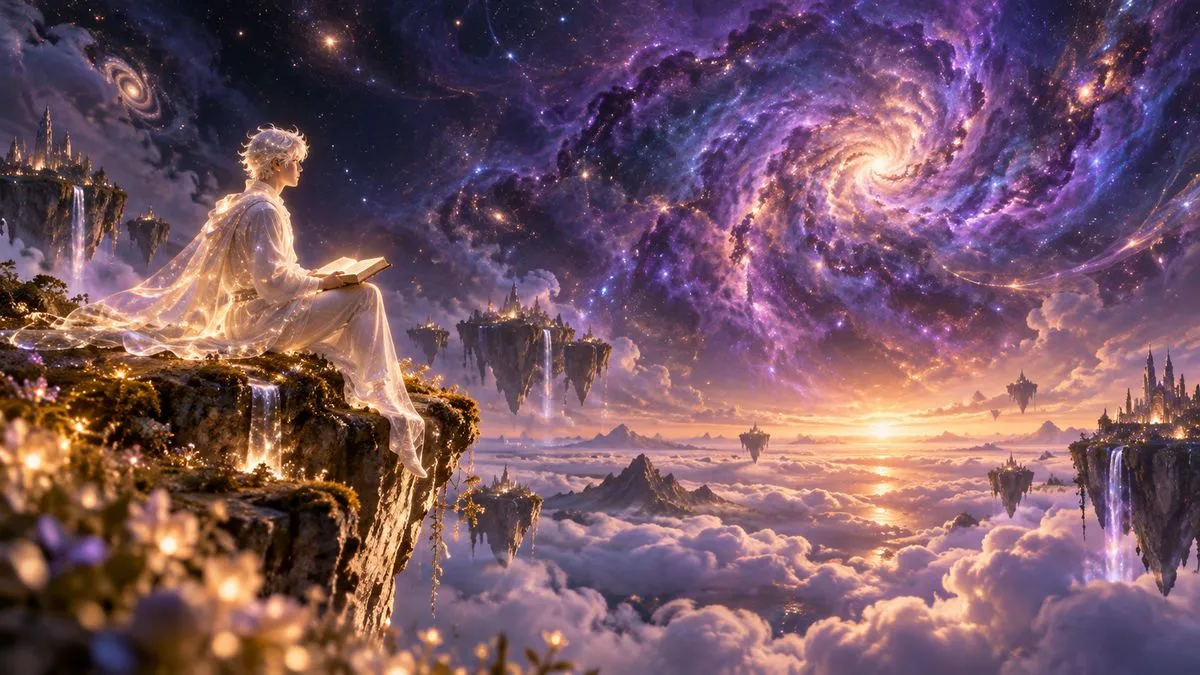 側面斜角，一位由星光構成、短髮、身穿流動光袍的男子獨自坐在漂浮岩島的邊緣，膝上攤著一本書，靜靜望著遠方巨大的紫色星雲，身邊飄著細小的光點，下方是雲海與幾座遠處的浮島