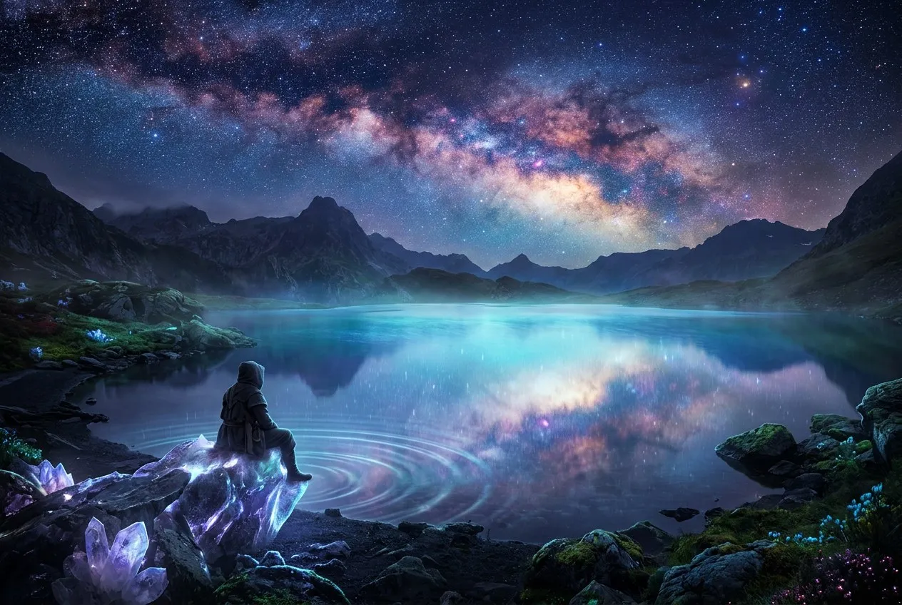 夜晚湖邊,一個人坐在岸邊的石頭上望著湖面,湖面倒映著滿天星光,四周靜謐,人物位於畫面左下角,大片星空與湖面倒影佔據畫面主體