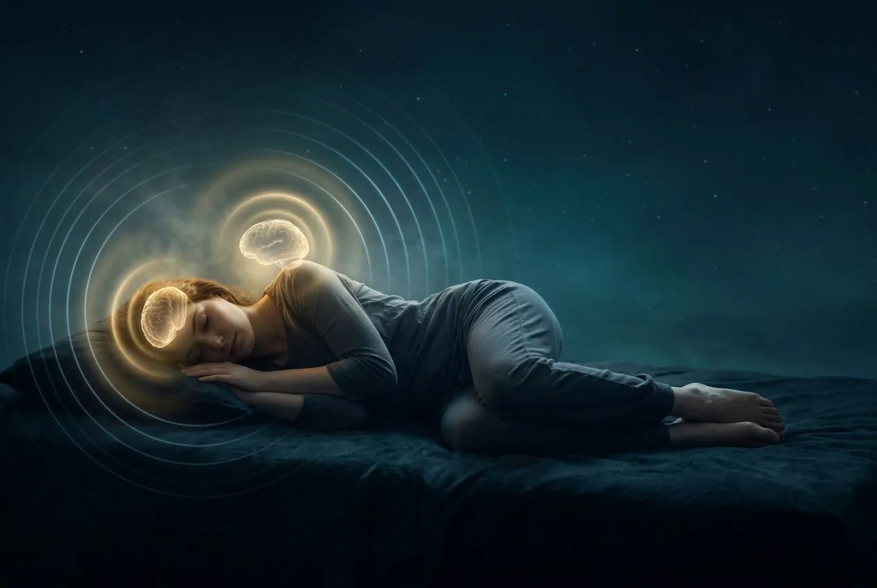 一個側躺睡眠中的人物，頭部周圍漂浮著兩個發光的腦區意象（前額位置與後腦上方），用半透明的金色光圈標示，身體周圍有淡藍色 REM 期波形線條從頭部往外擴散，背景為深靛色夜空帶有微弱星光，主體偏左、右側留白，氛圍科學圖示感但帶神秘的覺察光感