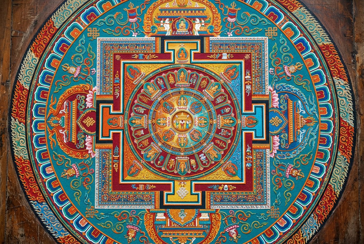 西藏沙畫曼陀羅正上方俯拍，寶石色系彩色沙粒構成精密幾何圖案，充滿整個畫面，圓形對稱結構居中，無人物入鏡