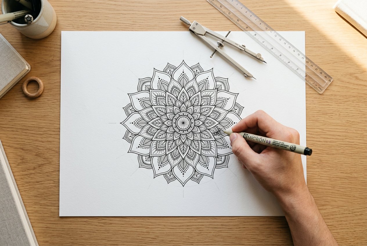 俯拍平鋪白紙上有人手正在用圓規與尺繪製曼陀羅幾何圖案，手居畫面下方偏右，圖案延伸至中上方，工具分布畫面兩側