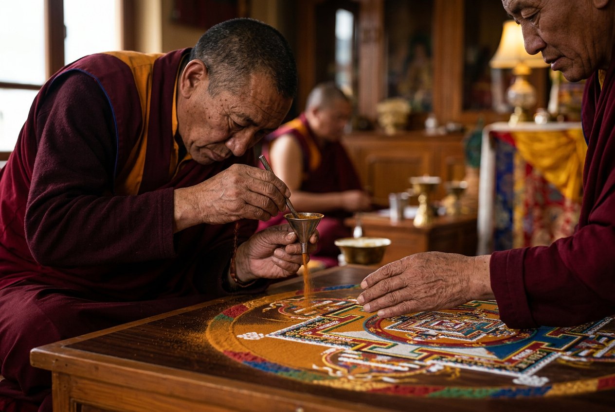 兩位西藏僧侶身穿深色袈裟俯身在沙畫曼陀羅上工作，側角度拍攝，僧侶各佔畫面左右兩側，中間是精密彩色沙畫