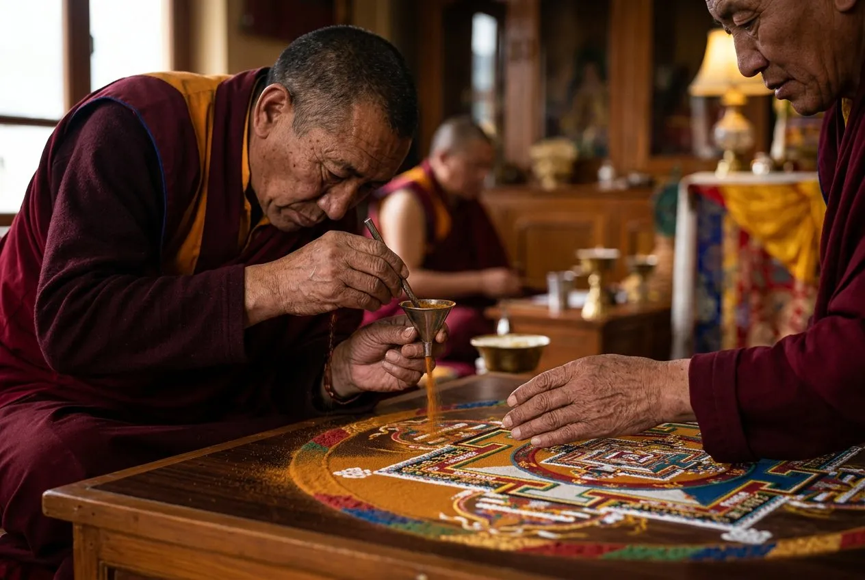 兩位西藏僧侶身穿深色袈裟俯身在沙畫曼陀羅上工作，側角度拍攝，僧侶各佔畫面左右兩側，中間是精密彩色沙畫