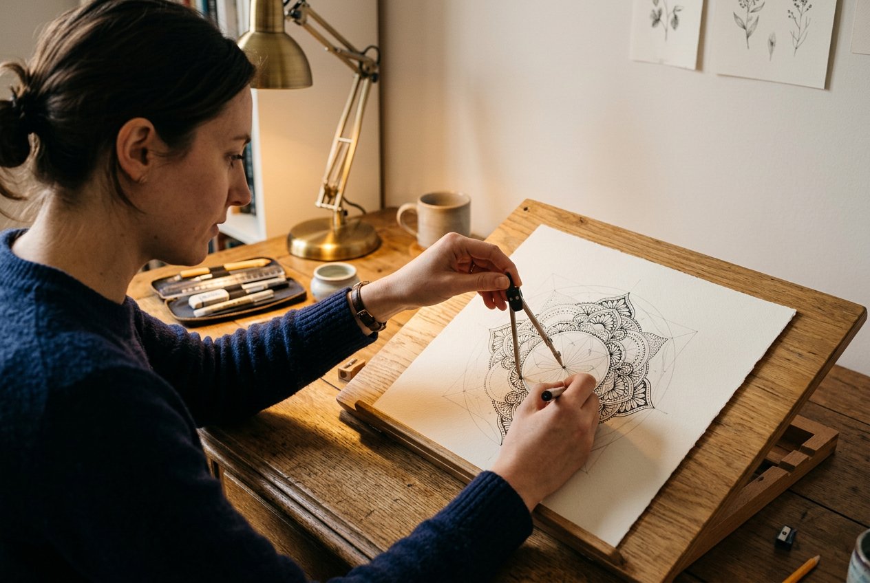 人物側身坐於木桌前，以圓規和筆在白紙上繪製曼陀羅，人物佔畫面左半側，紙張在右半側，左上方桌燈投出暖色光源