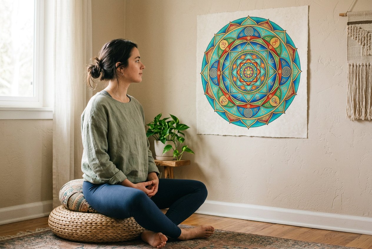 人物盤腿坐在冥想墊上，眼神柔和望向前方牆上的彩色曼陀羅掛圖，人物佔畫面左下三分之二，曼陀羅圖案在右上方，柔和側光勾勒輪廓